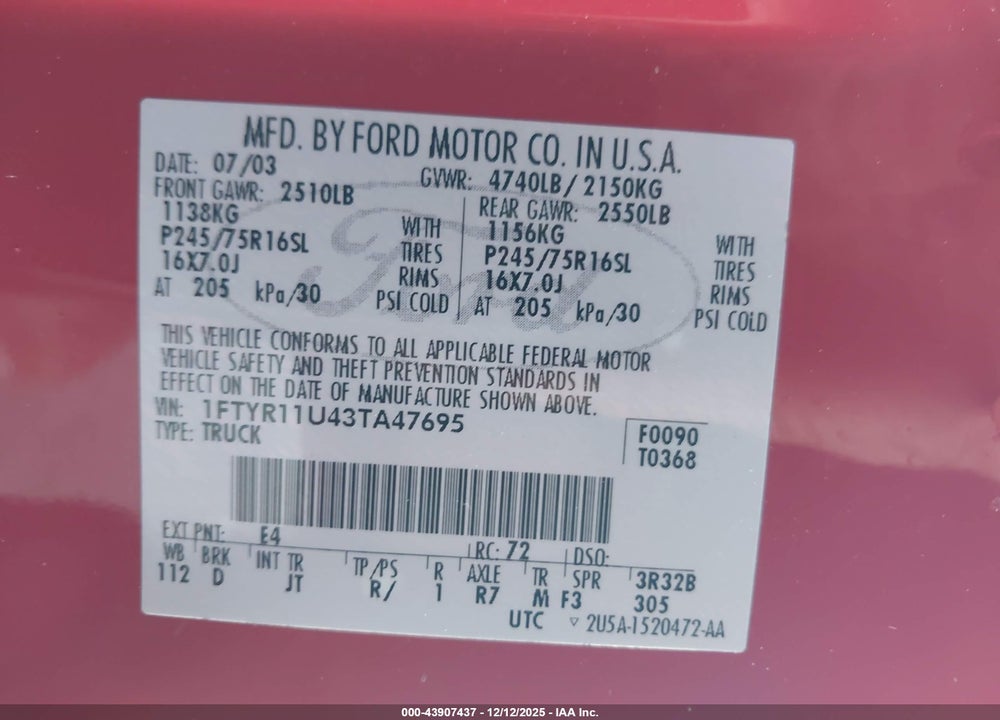 2003 FORD RANGER EDGE VIN: 1FTYR11U43TA47695