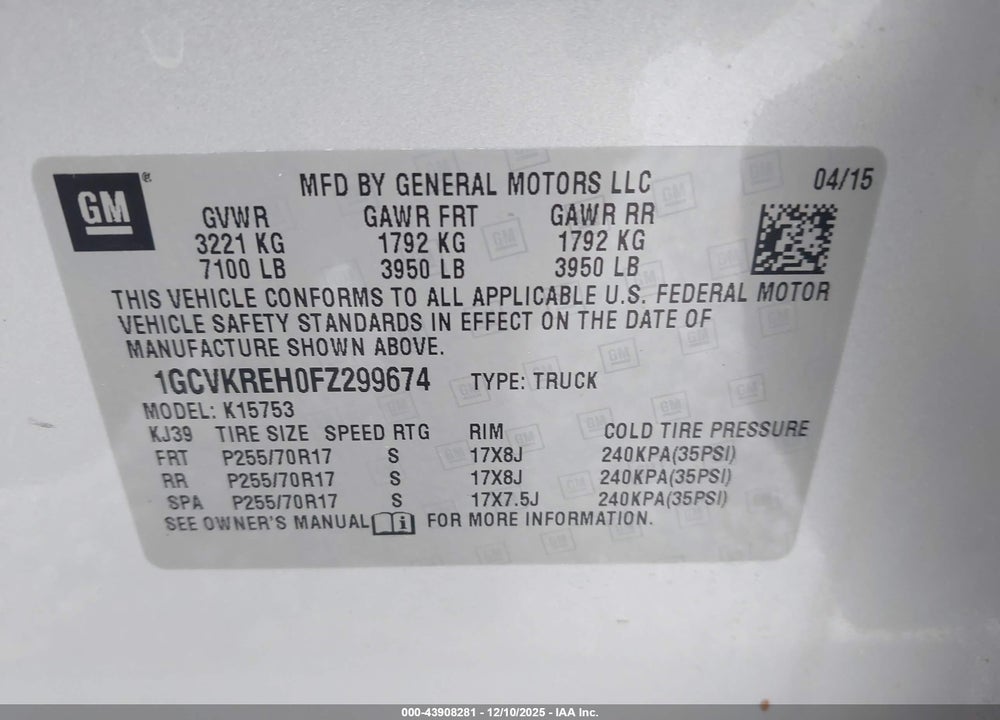 2015 CHEVROLET SILVERADO 1500 1LT VIN: 1GCVKREH0FZ299674