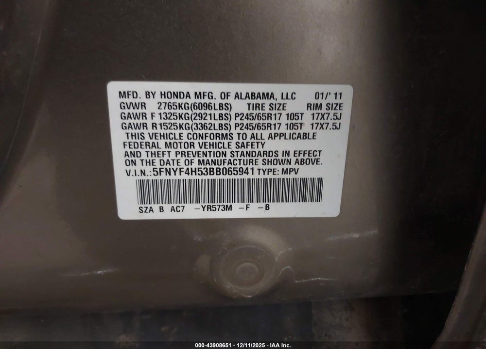 2011 HONDA PILOT EX-L VIN: 5FNYF4H53BB065941