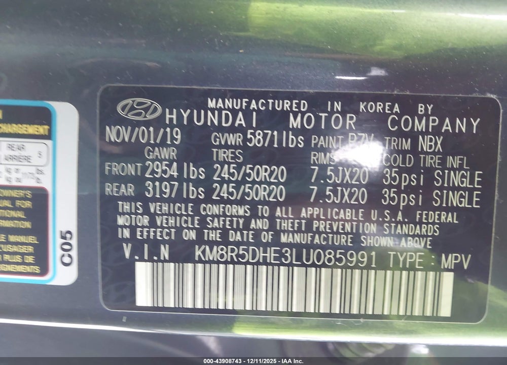 2020 HYUNDAI PALISADE LIMITED VIN: KM8R5DHE3LU085991