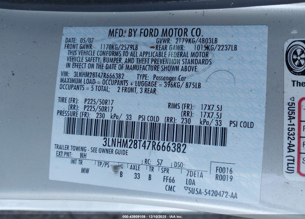 2007 LINCOLN MKZ VIN: 3LNHM28T47R666382