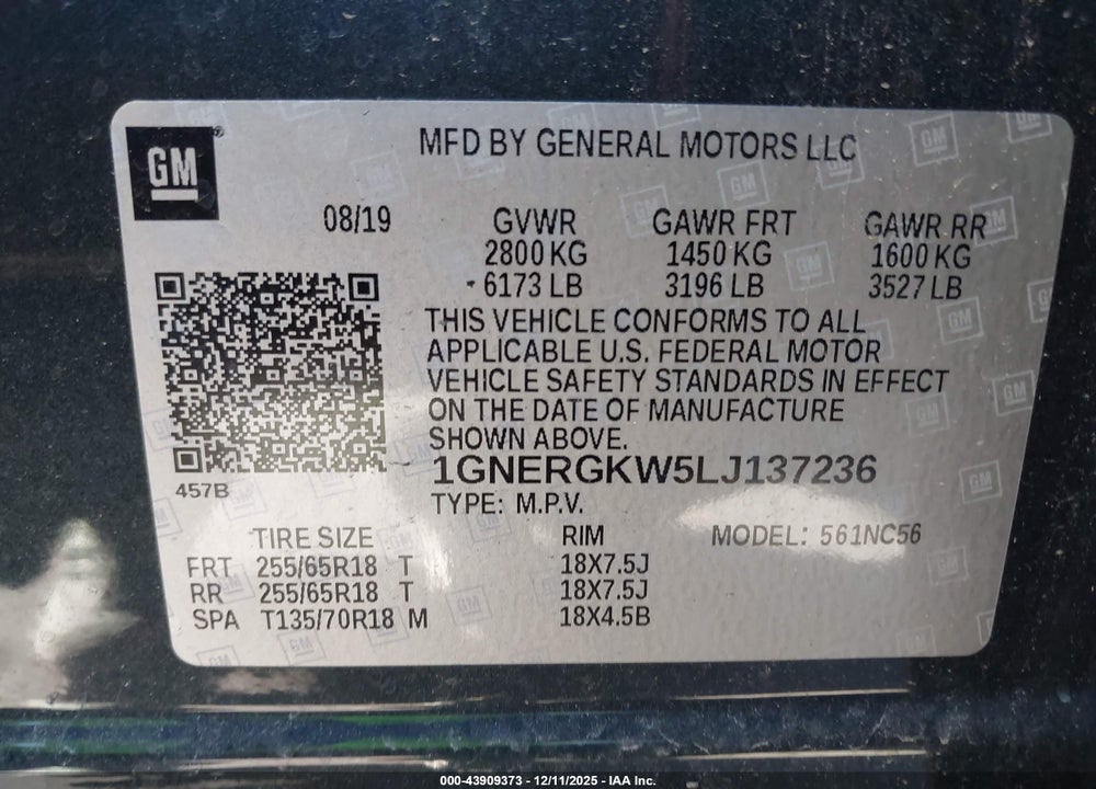 2020 CHEVROLET TRAVERSE FWD LT CLOTH VIN: 1GNERGKW5LJ137236