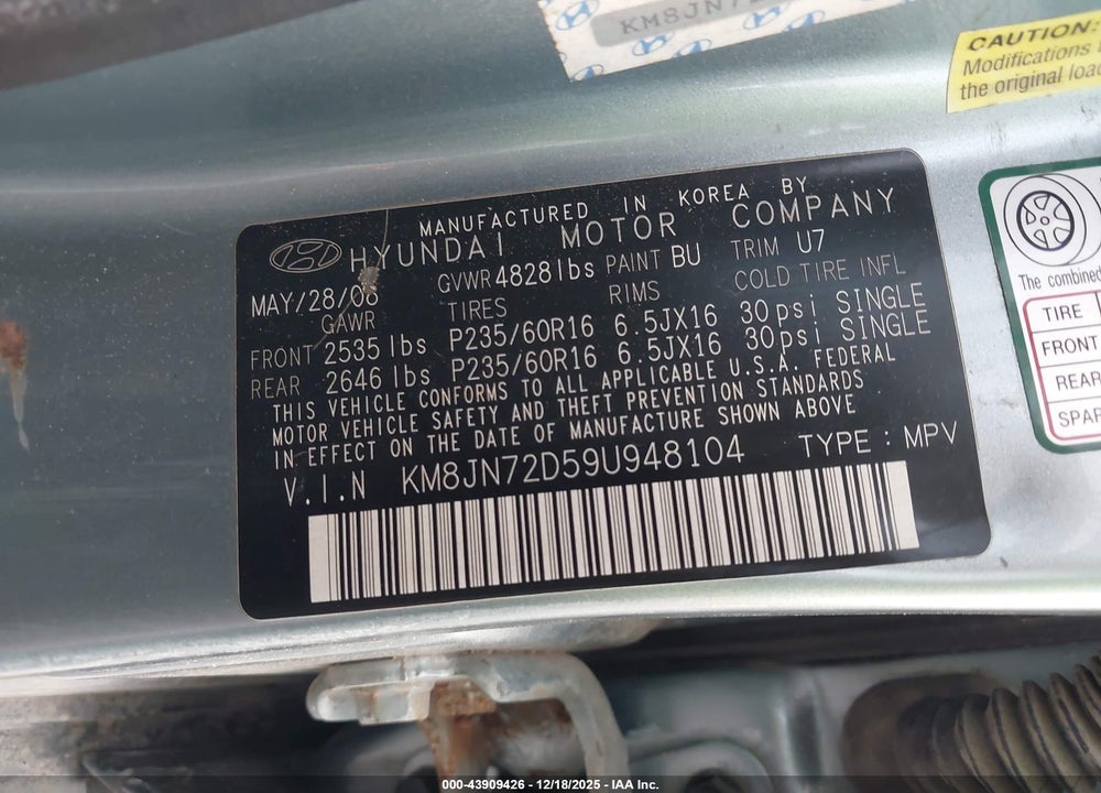 2009 HYUNDAI TUCSON SE VIN: KM8JN72D59U948104