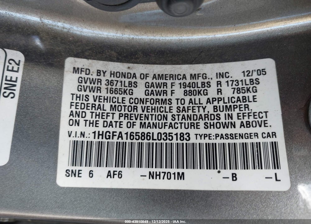 2006 HONDA CIVIC LX VIN: 1HGFA16586L035183