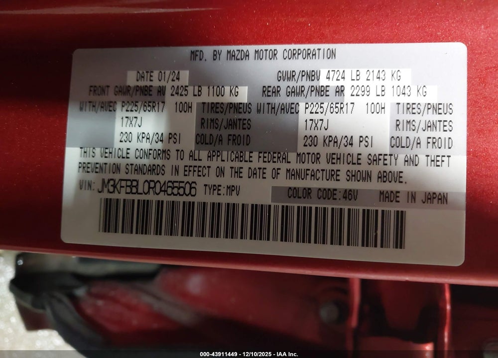 2024 MAZDA CX-5 2.5 S SELECT VIN: JM3KFBBL0R0465506