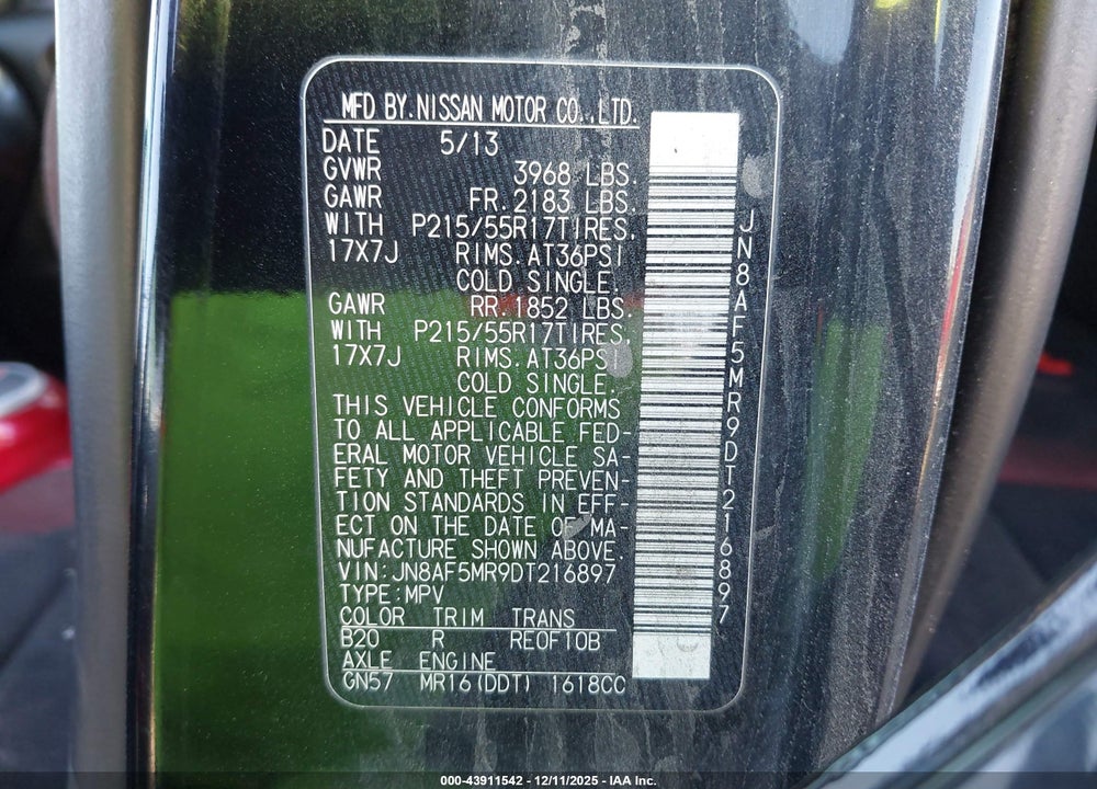2013 NISSAN JUKE SV VIN: JN8AF5MR9DT216897