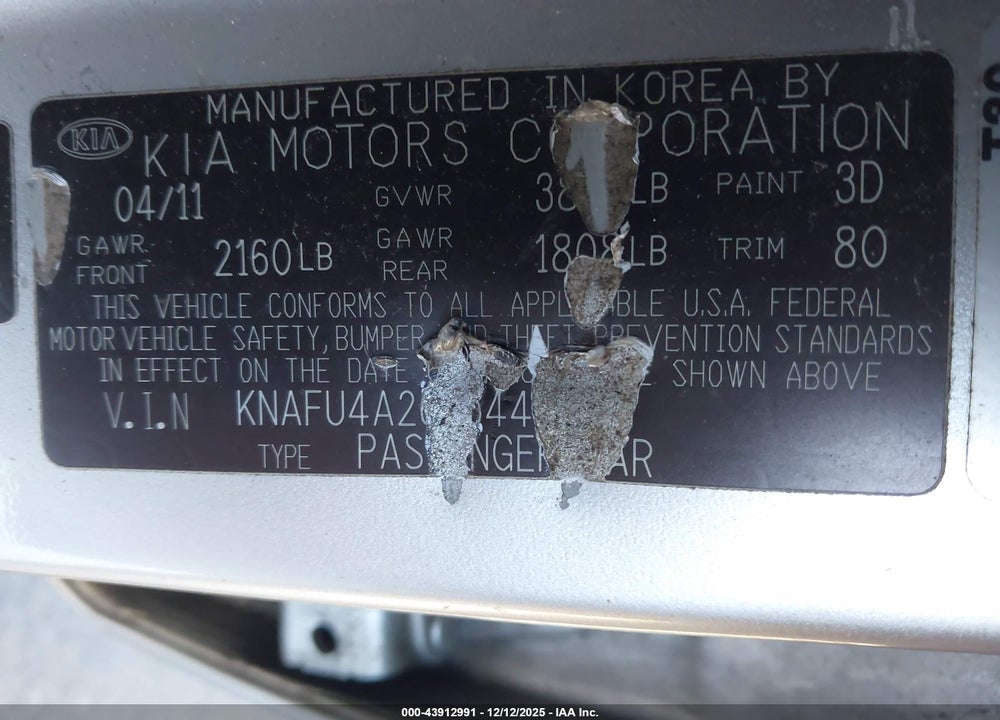 2011 KIA FORTE EX VIN: KNAFU4A26B5449787