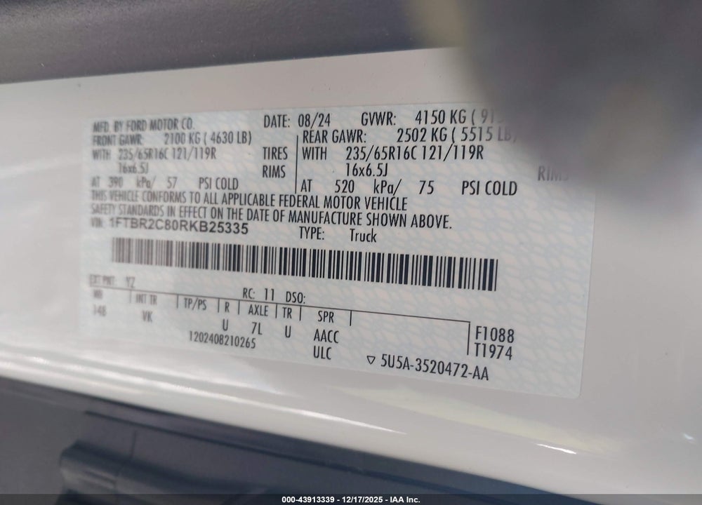 2024 FORD TRANSIT-250 VIN: 1FTBR2C80RKB25335