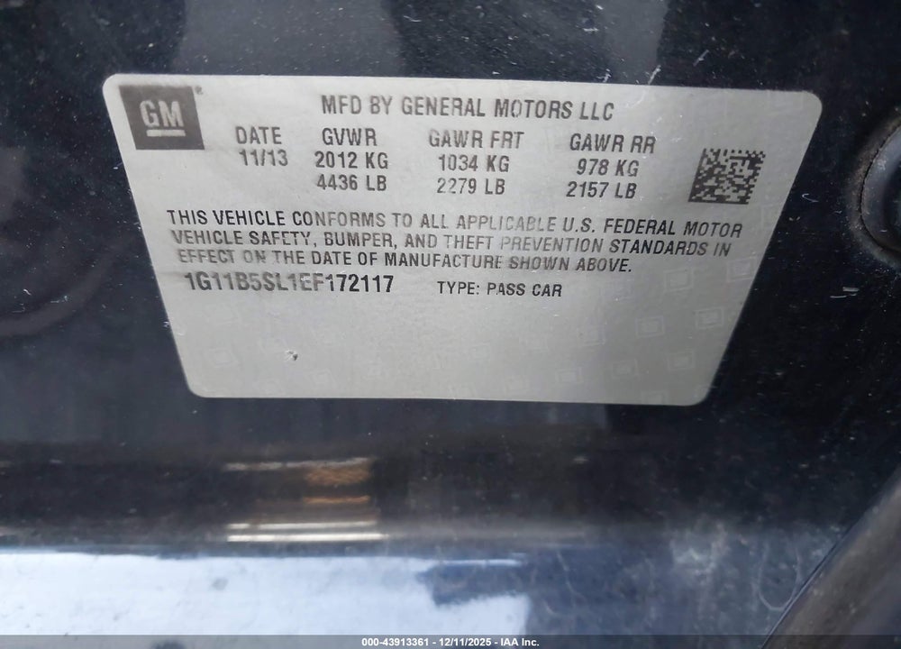 2014 CHEVROLET MALIBU 1LS VIN: 1G11B5SL1EF172117