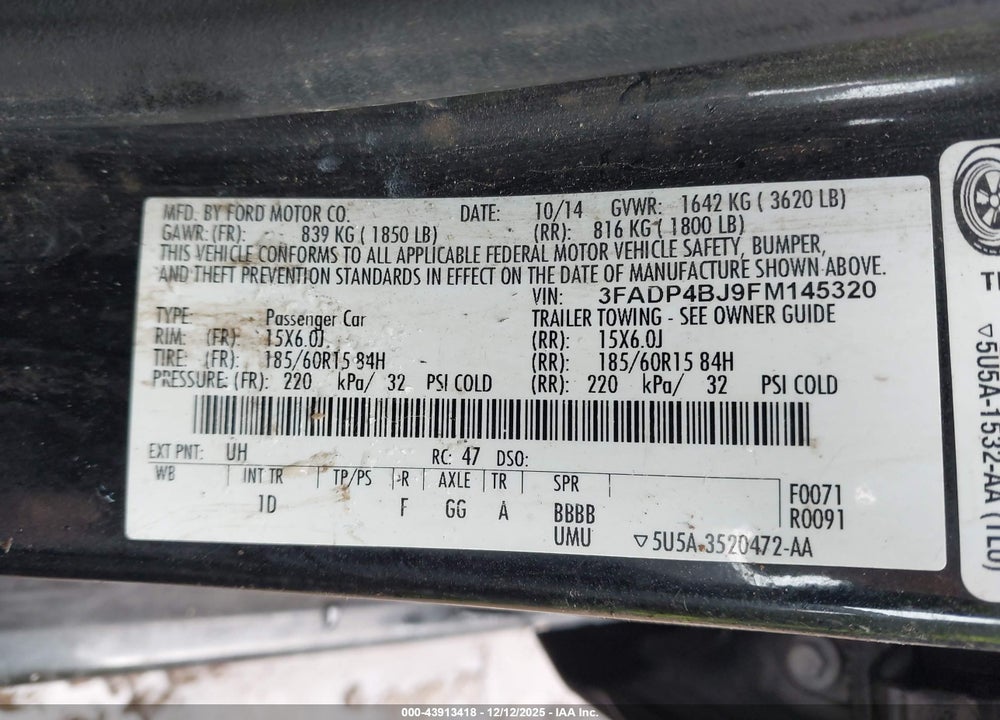 2015 FORD FIESTA SE VIN: 3FADP4BJ9FM145320