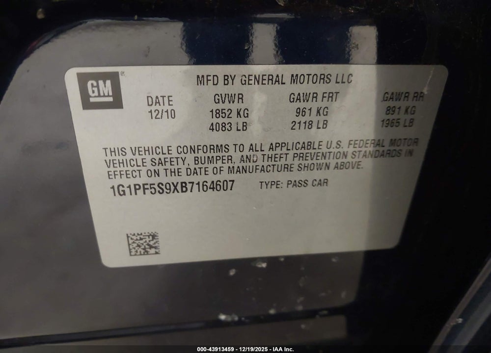 2011 CHEVROLET CRUZE 1LT VIN: 1G1PF5S9XB7164607