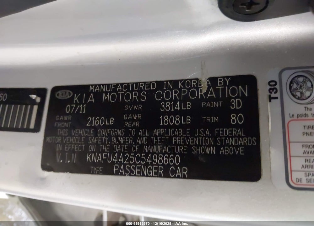 2012 KIA FORTE EX VIN: KNAFU4A25C5498660