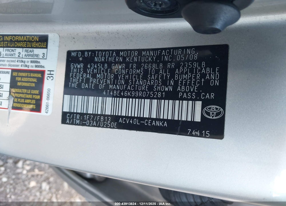 2009 TOYOTA CAMRY LE VIN: 4T4BE46K99R075281