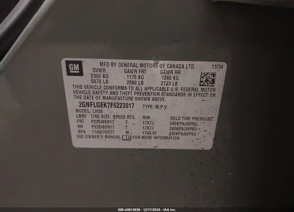 2015 CHEVROLET EQUINOX 2LT VIN: 2GNFLGEK7F6223017