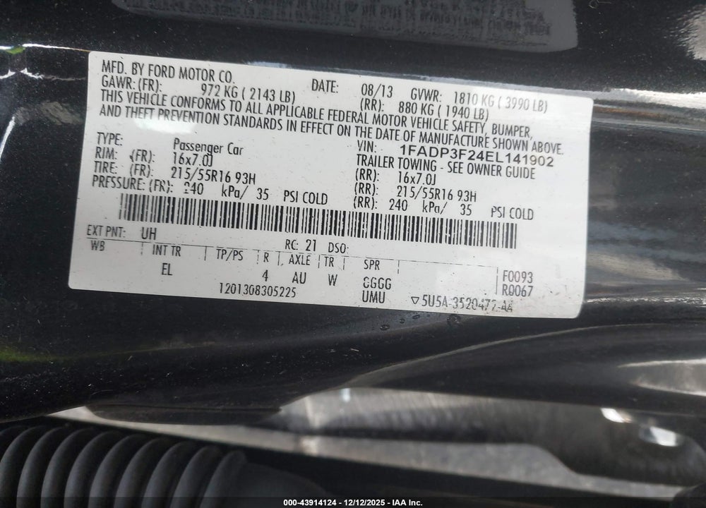 2014 FORD FOCUS SE VIN: 1FADP3F24EL141902