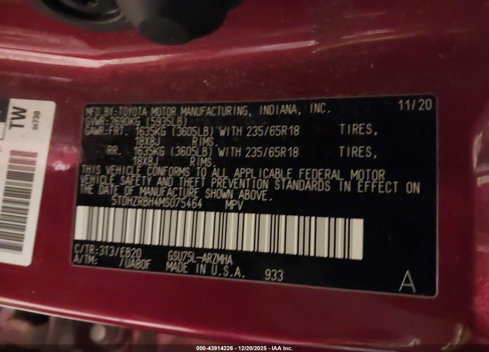 2021 TOYOTA HIGHLANDER XLE VIN: 5TDHZRBH4MS075464