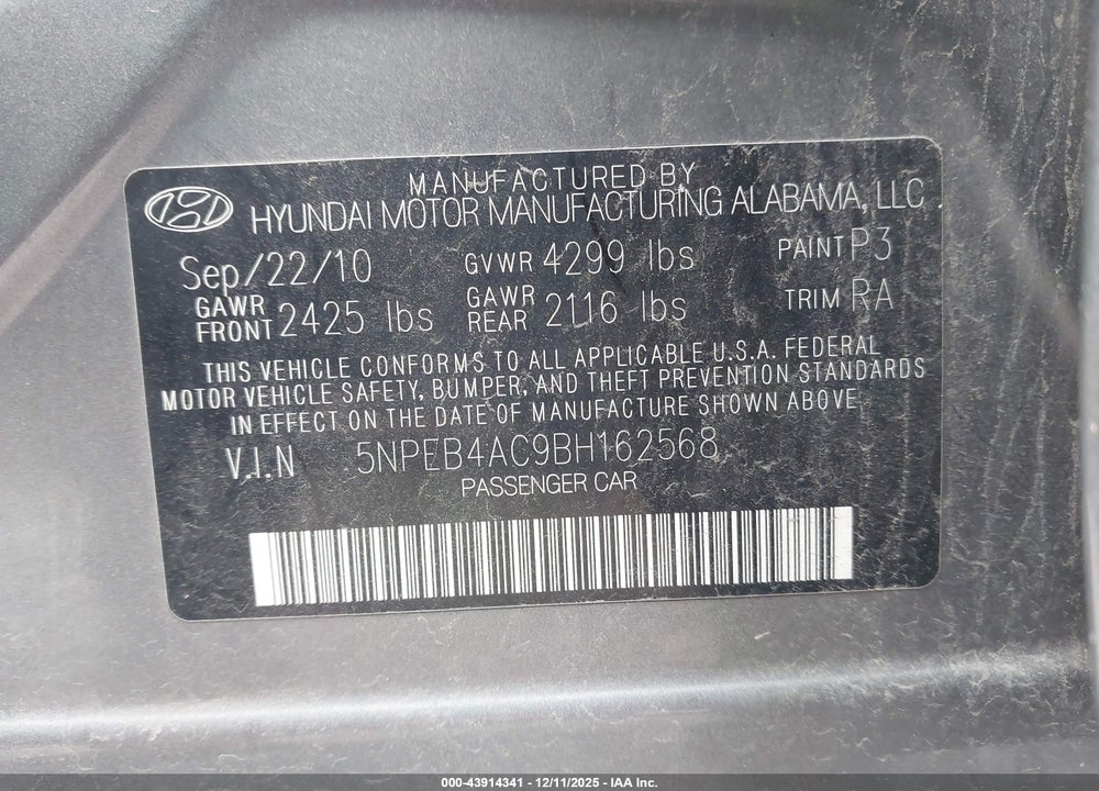 2011 HYUNDAI SONATA GLS VIN: 5NPEB4AC9BH162568