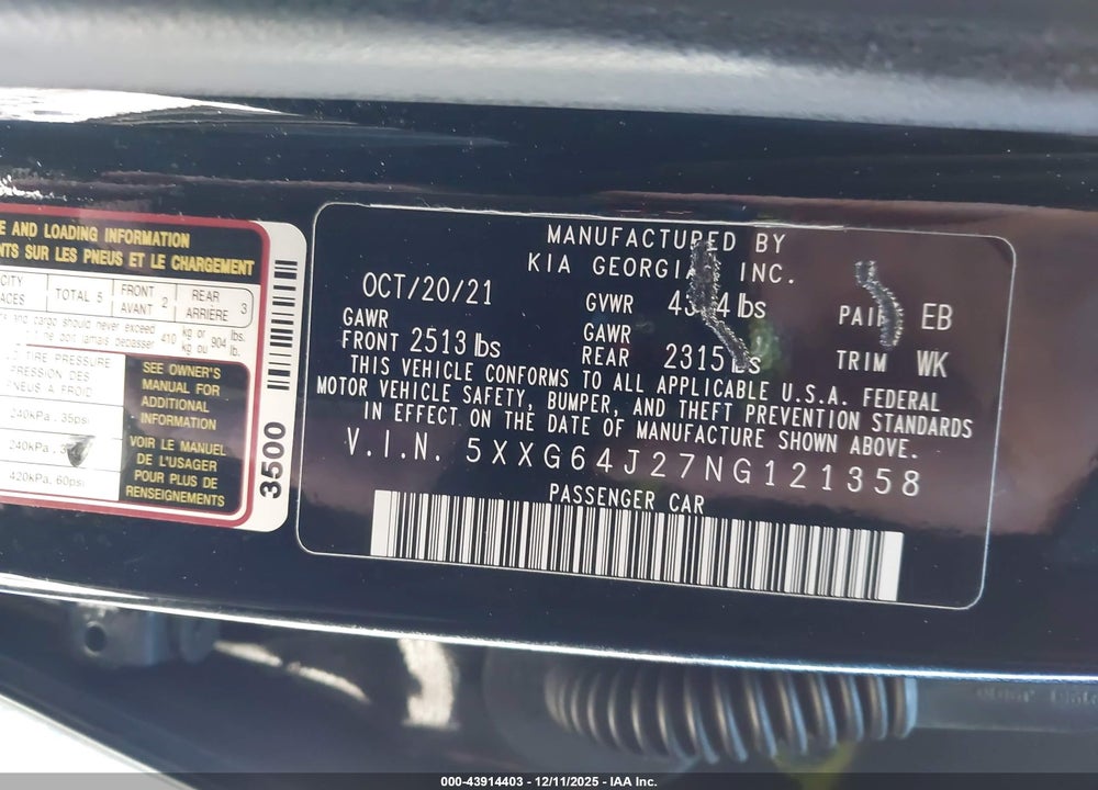2022 KIA K5 GT-LINE VIN: 5XXG64J27NG121358