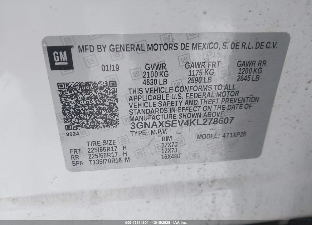2019 CHEVROLET EQUINOX LS VIN: 3GNAXSEV4KL278607