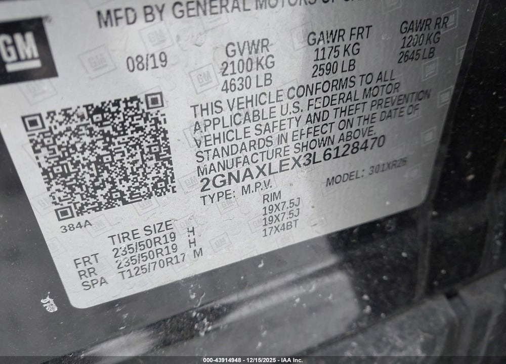 2020 CHEVROLET EQUINOX FWD LT 2.0L TURBO VIN: 2GNAXLEX3L6128470