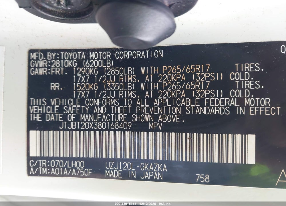 2008 LEXUS GX 470 VIN: JTJBT20X380168409