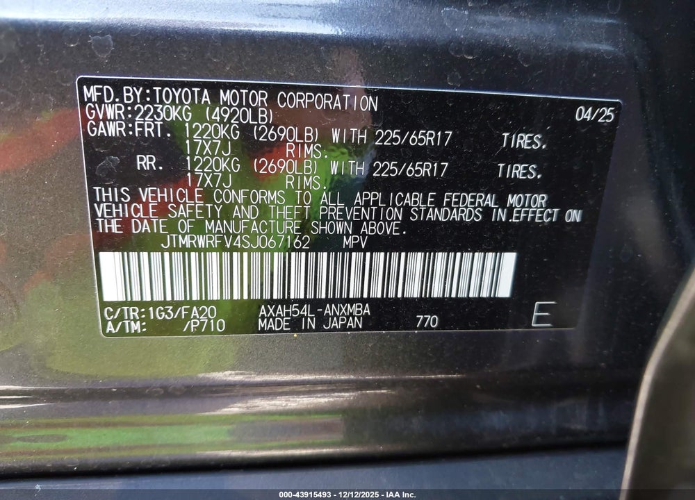 2025 TOYOTA RAV4 HYBRID XLE VIN: JTMRWRFV4SJ067162
