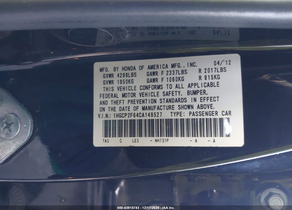 2012 HONDA ACCORD 2.4 SE VIN: 1HGCP2F64CA149527