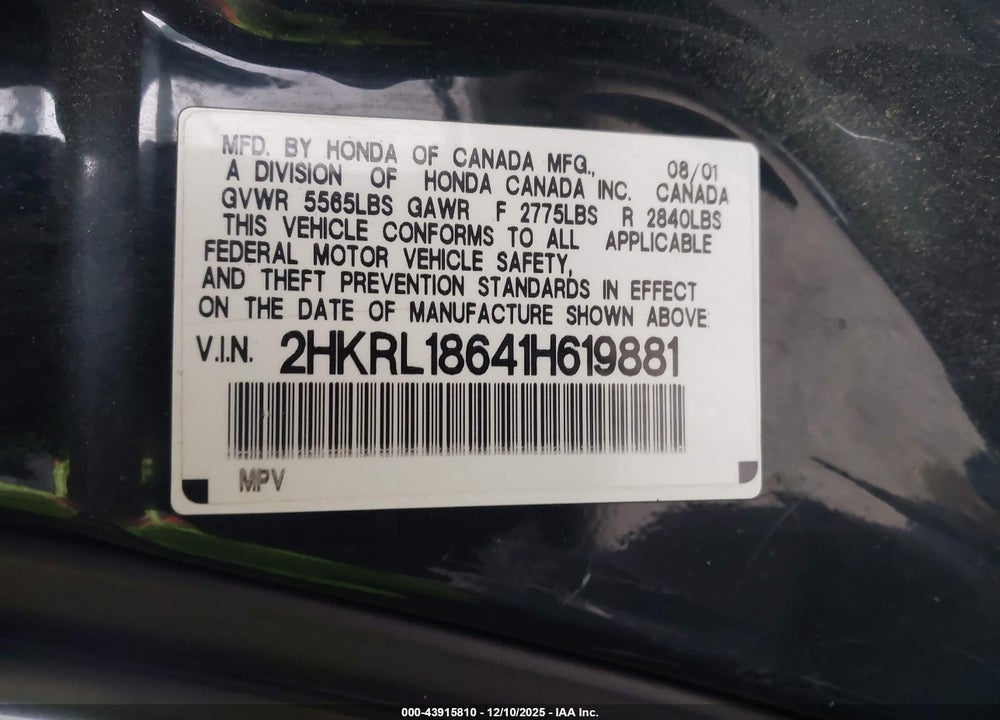 2001 HONDA ODYSSEY EX VIN: 2HKRL18641H619881