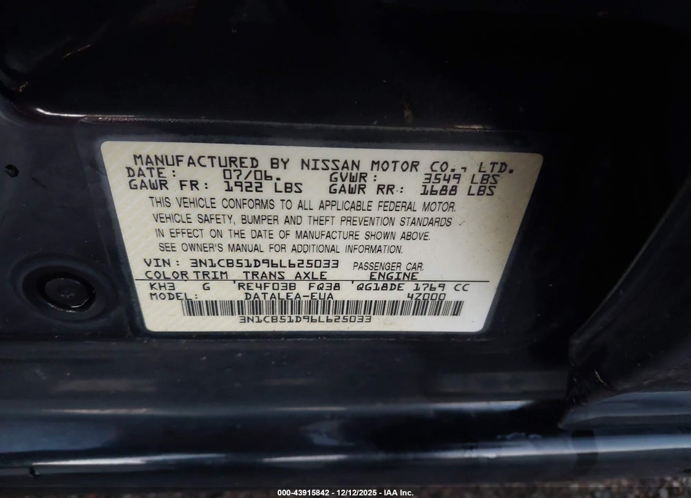 2006 NISSAN SENTRA 1.8S VIN: 3N1CB51D96L625033