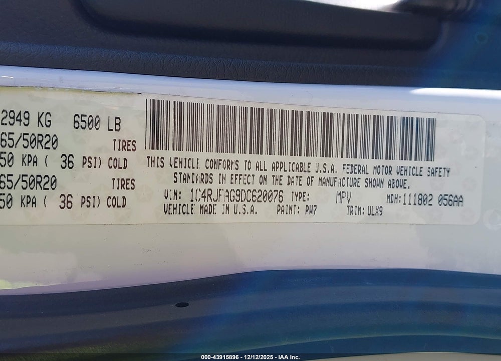 2013 JEEP GRAND CHEROKEE LAREDO VIN: 1C4RJFAG9DC620076