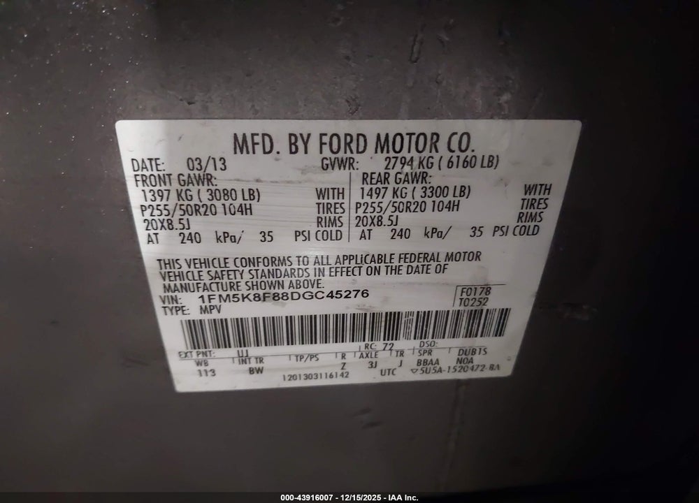 2013 FORD EXPLORER LIMITED VIN: 1FM5K8F88DGC45276