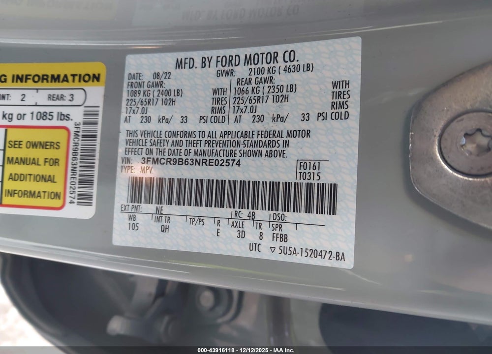 2022 FORD BRONCO SPORT BIG BEND VIN: 3FMCR9B63NRE02574