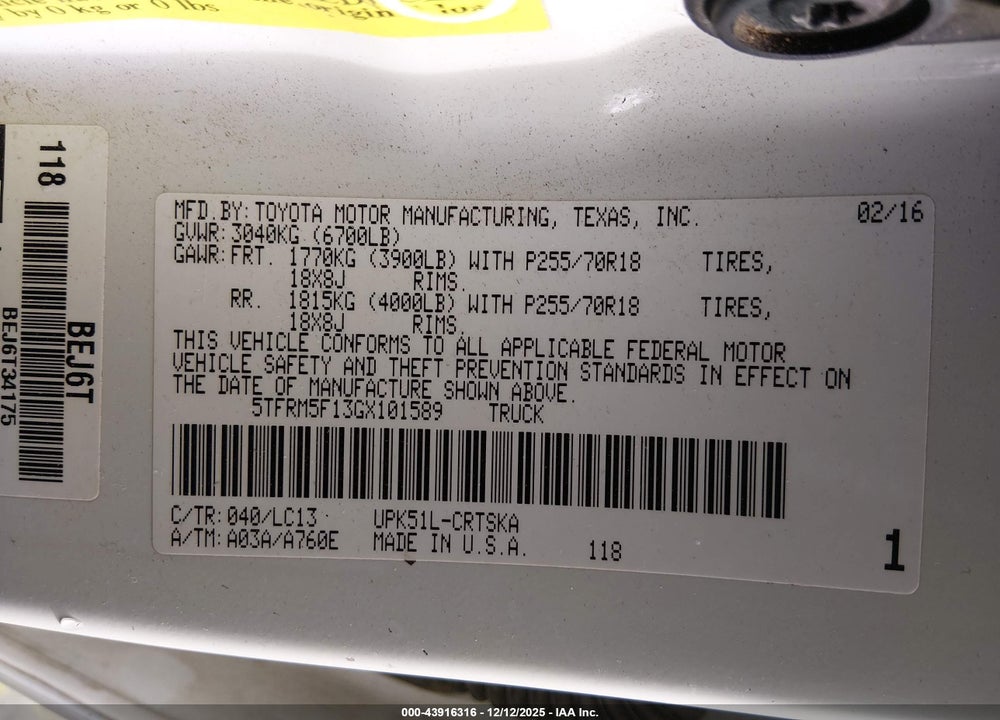 2016 TOYOTA TUNDRA SR 4.6L V8 VIN: 5TFRM5F13GX101589