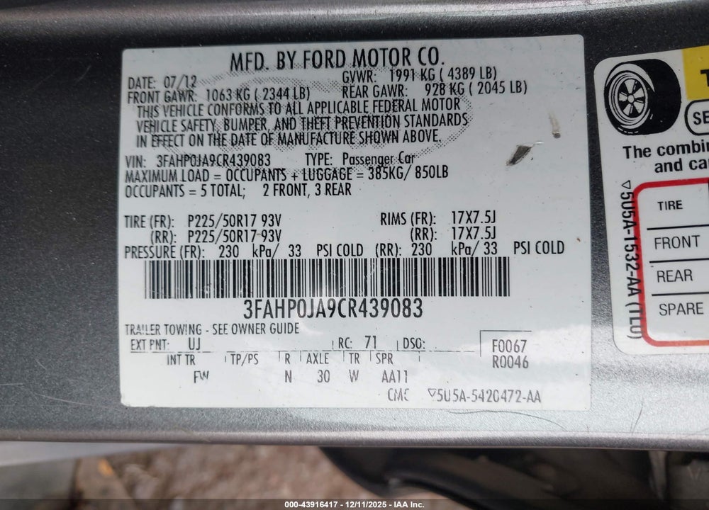 2012 FORD FUSION SEL VIN: 3FAHP0JA9CR439083