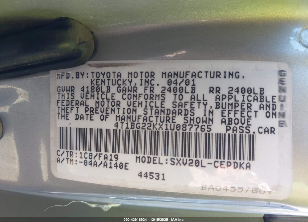 2001 TOYOTA CAMRY CE VIN: 4T1BG22KX1U087765