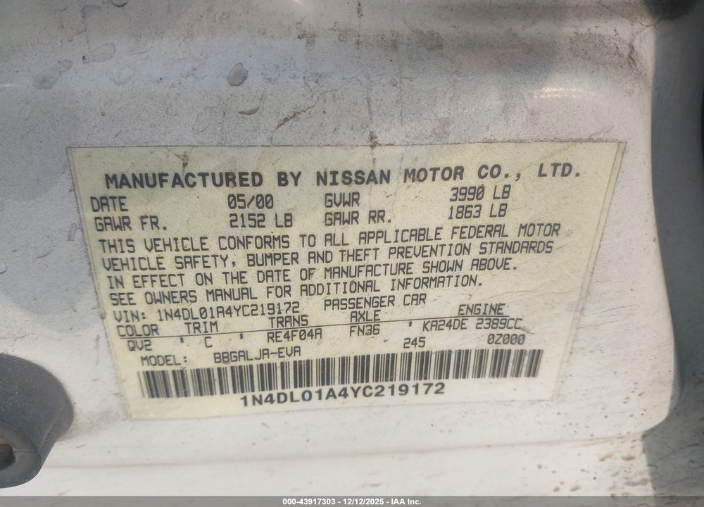 2000 NISSAN ALTIMA VIN: 1N4DL01A4YC219172