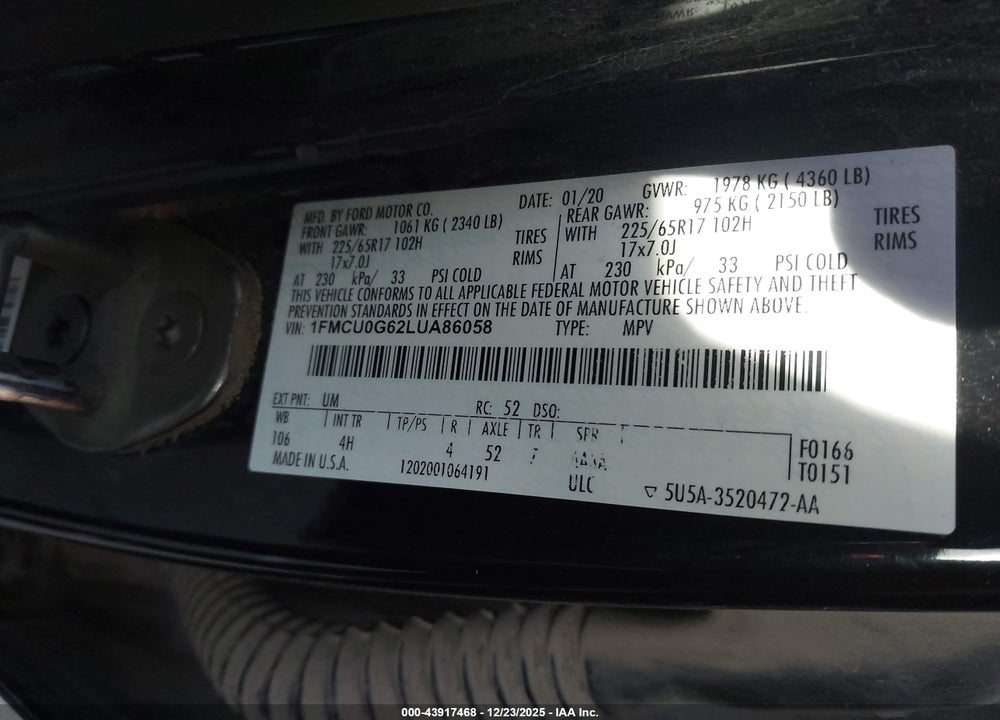 2020 FORD ESCAPE SE VIN: 1FMCU0G62LUA86058