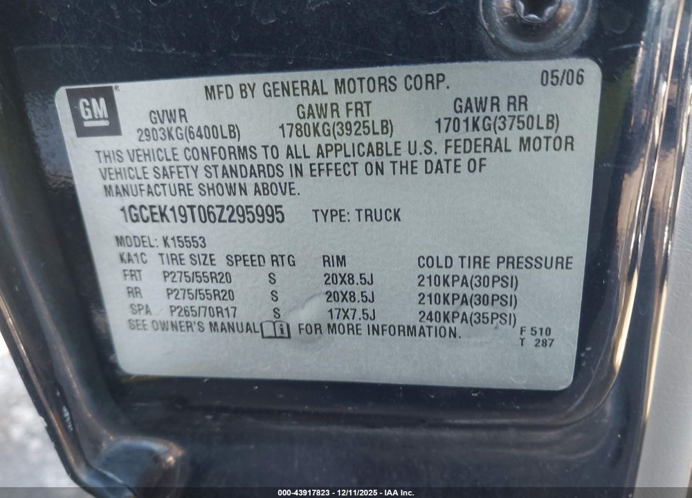 2006 CHEVROLET SILVERADO 1500 LT3 VIN: 1GCEK19T06Z295995