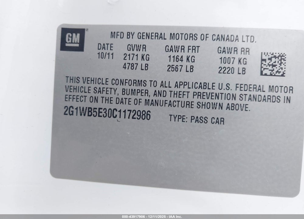 2012 CHEVROLET IMPALA LT VIN: 2G1WB5E30C1172986