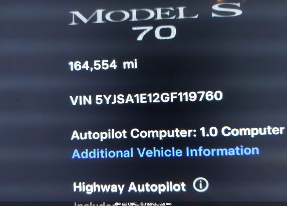 2016 TESLA MODEL S 60/70/75/85 VIN: 5YJSA1E12GF119760