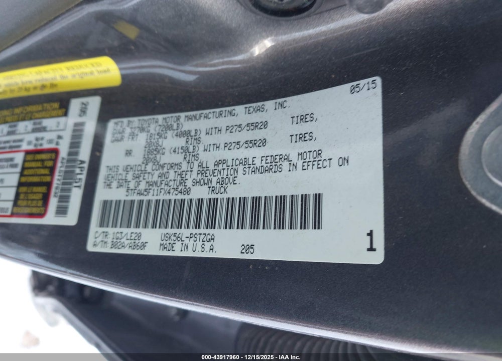 2015 TOYOTA TUNDRA PLATINUM 5.7L V8 VIN: 5TFAW5F11FX475480
