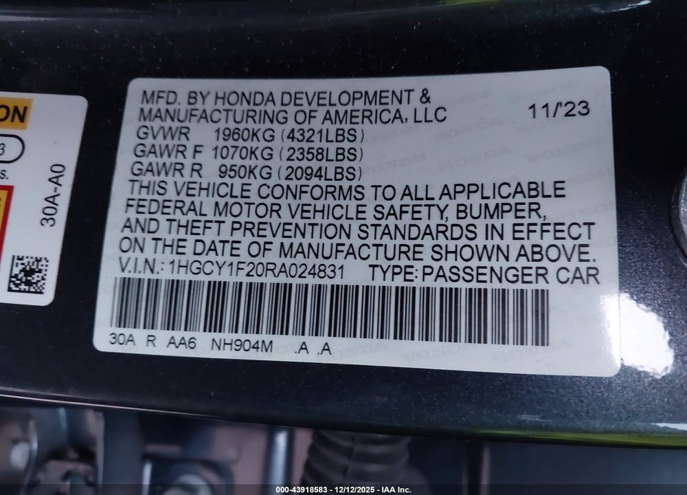 2024 HONDA ACCORD LX VIN: 1HGCY1F20RA024831