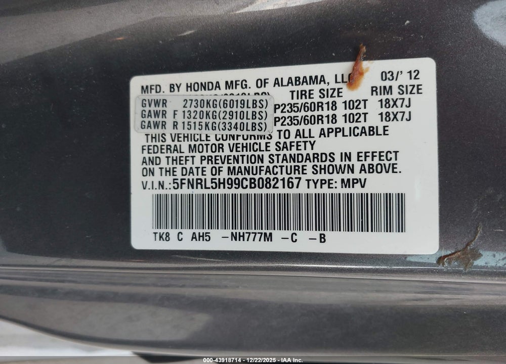 2012 HONDA ODYSSEY TOURING/TOURING ELITE VIN: 5FNRL5H99CB082167