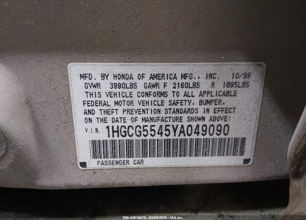 2000 HONDA ACCORD 2.3 LX VIN: 1HGCG5545YA049090