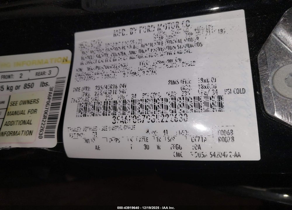 2016 FORD FUSION S VIN: 3FA6P0G70GR222630