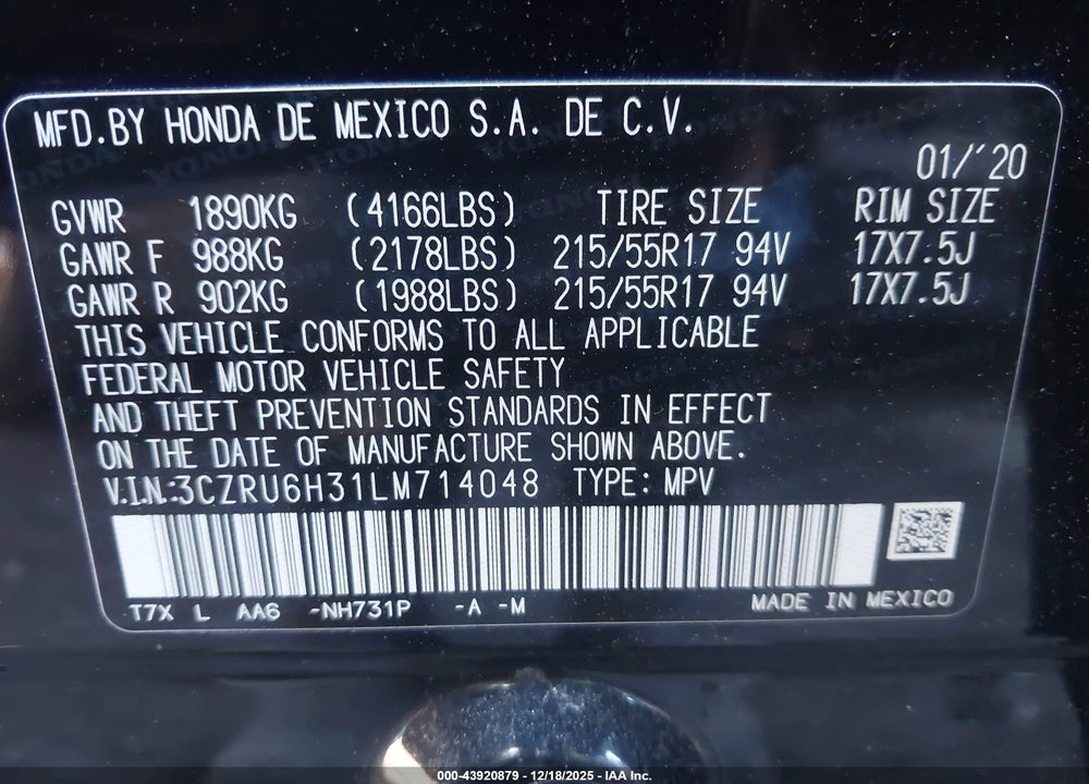 2020 HONDA HR-V AWD LX VIN: 3CZRU6H31LM714048