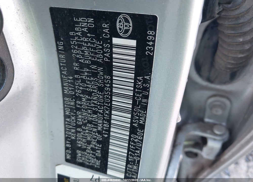 2014 TOYOTA CAMRY SE VIN: 4T1BF1FK7EU359458