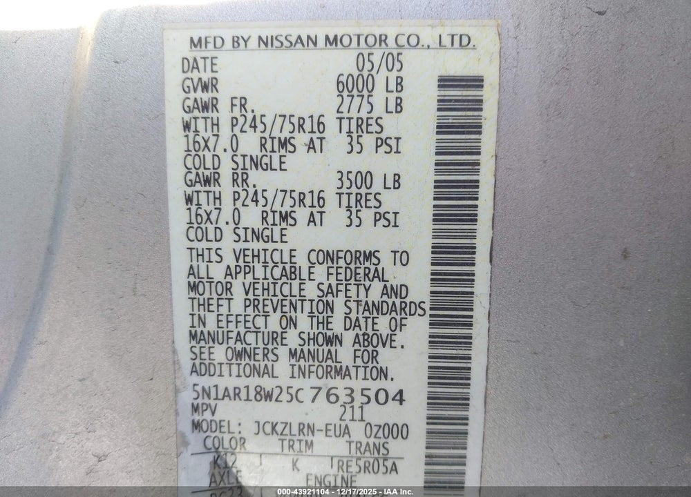 2005 NISSAN PATHFINDER XE VIN: 5N1AR18W25C763504