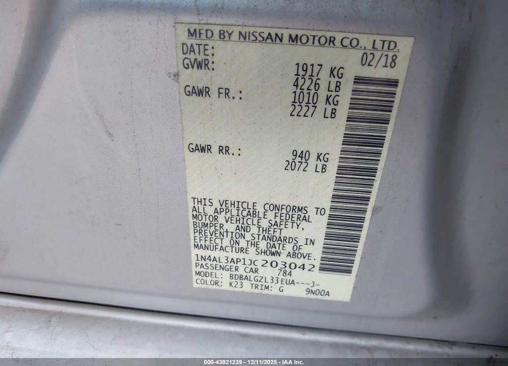 2018 NISSAN ALTIMA 2.5 S VIN: 1N4AL3AP1JC203042