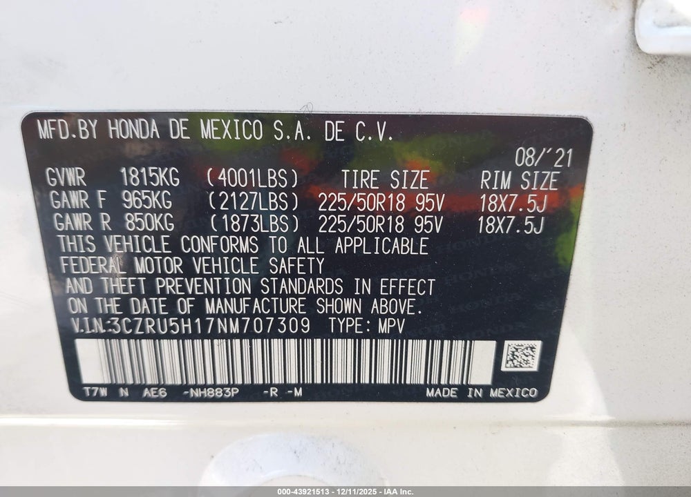 2022 HONDA HR-V 2WD SPORT VIN: 3CZRU5H17NM707309